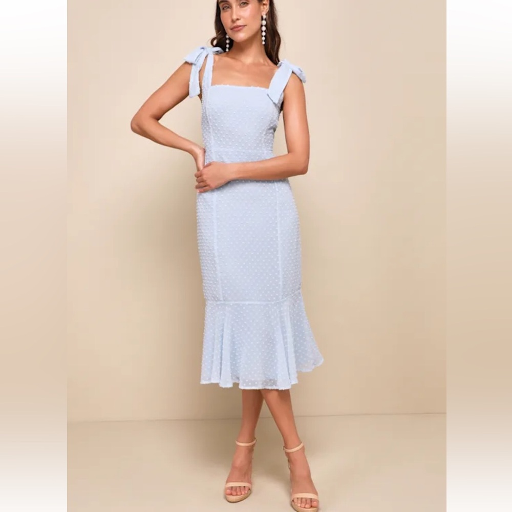 Lulus Bimini Periwinkle Blue Swiss Dot Tie-Strap Midi Dress